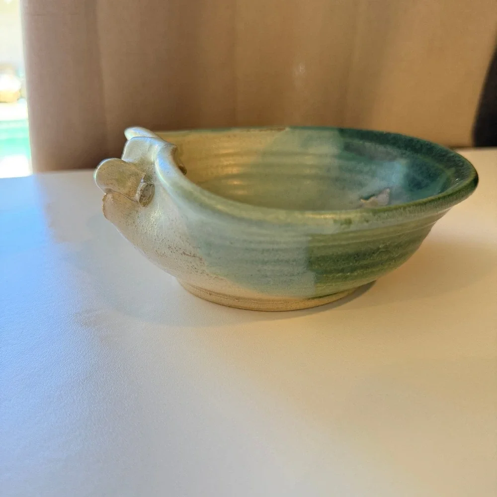 Signed Studio Pottery Handcrafted Green Tan Glazed Organic Folded Rim Bowl